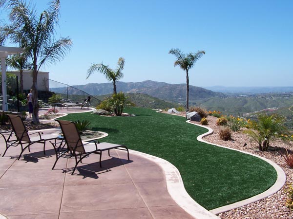 Artificial grass backyard patio with curved border edging, palm trees, and panoramic mountain and valley views