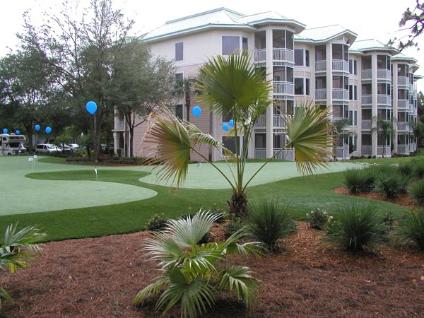 Artificial grass putting green with curved edges and tropical landscaping at luxury condominium resort community