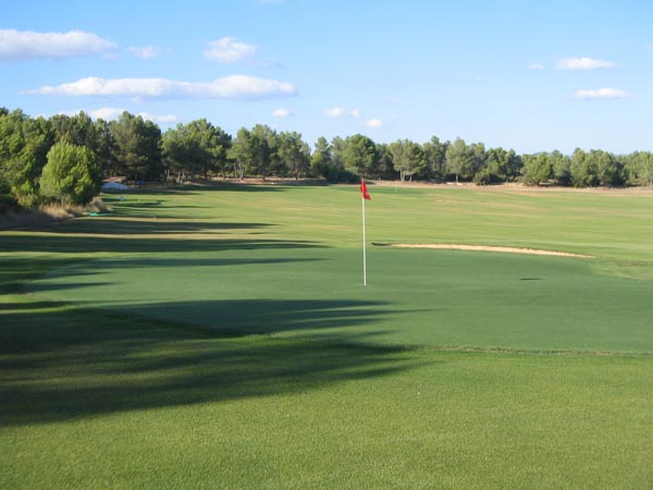 Artificial turf golf course green with red flag, sand bunker, and tree-lined fairway under blue sky