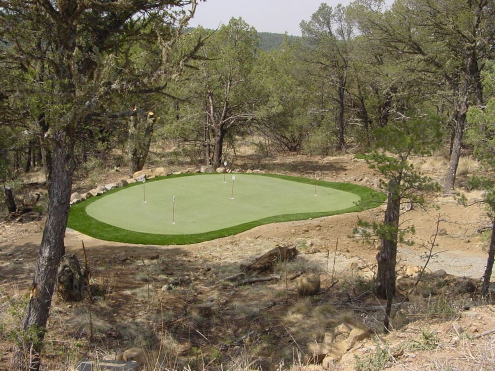 Custom putting green with multiple flags installed in wooded mountain landscape clearing with natural rock border