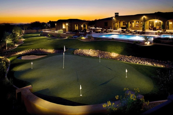 Southwest Greens of New Mexico artificial golf green with sand trap at luxury home