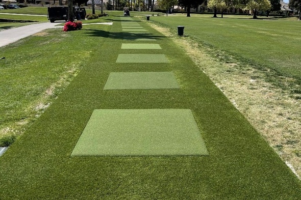 Albuquerque Outdoor tee line with light green synthetic grass boxes inside a dark green synthetic grass strip