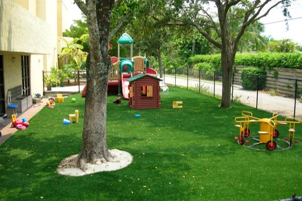 Artificial grass made for a children's play area with playground equipment